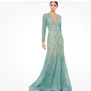 Mac Duggal Sage Green Long  Sleeve Beaded Illusion Plunge Neck Gown Dress Sz 8
